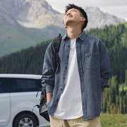潮牌水洗条纹牛仔长袖衬衫男女日系休闲蓝色情侣大码宽松衬衣外套