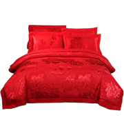高档床上用品大红色结婚四件套纯棉贡缎提花婚庆床单被套床品整套