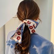 韩国法式复古飘带发带丝带，女ins蝴蝶结印花头绳两用发圈丝巾
