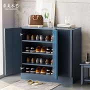 美式轻奢纯实木格栅鞋柜现代简约大容量鞋架家用门口收纳玄关柜子