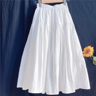 自制特别款纯棉白色提花半身裙，2024春夏季少女高腰褶皱长款a字裙