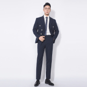 川泽男士藏青色西装二件套韩版修身条纹套西双排，扣西服套装潮