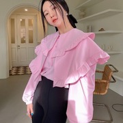 韩国chic减龄甜美荷叶边多层大翻领排扣长袖，雪纺衬衫设计感上衣女