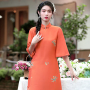 2023夏装 中国风旗袍裙 时尚小立领印花橘红色连衣裙女装