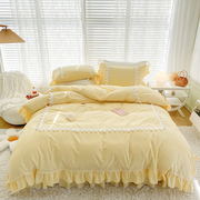 韩版黄色床裙款四件套春秋，款纯棉网红公主，风100全棉4件套床上用品
