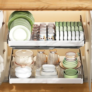 不锈钢厨房碗碟拉篮多功能，伸缩置物架橱柜内抽屉式双层沥水收纳架