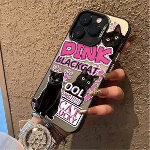 Pink黑猫适用苹果15promax彩银手机壳iPhone14  硅胶防摔13电镀金属按键12磨砂卡通软壳11全包保护套xr