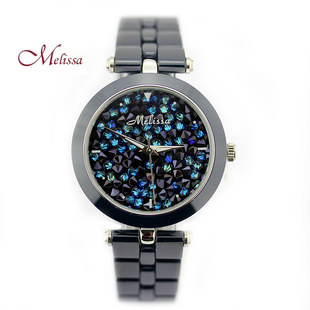 玛丽莎日本石英机芯，指针式陶瓷手表时尚，女表蓝色星空水晶手表