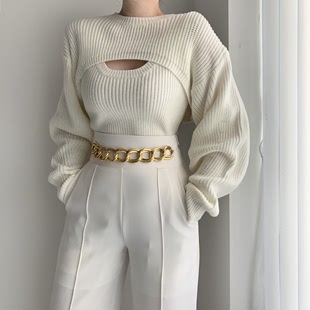 韩国性感胸前镂空毛衣针织背心女套头减龄短款罩衫上衣叠穿两件套