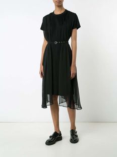 日本暗黑系不规则下摆，舒适飘逸经典针织拼接雪纺纱腰带短袖连衣裙