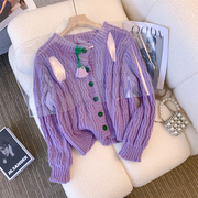 商场品牌捡漏女装!秋冬季紫色，针织上衣开衫，毛线花朵挂件加厚毛衣