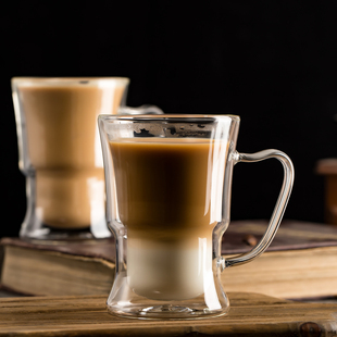 创意手工双层咖啡杯耐热摩卡咖啡杯带把水杯玻璃花茶杯美式杯