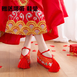 中式秀禾服鞋女内增高红色龙凤高跟新娘婚鞋厚底，加钻古风绣花鞋