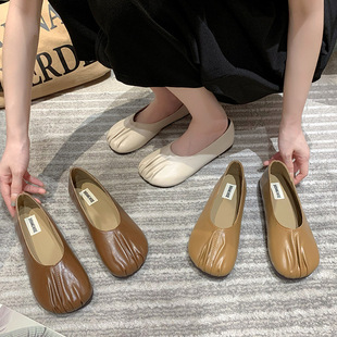 奶奶鞋女平底鞋子2024年韩版百搭四季褶皱浅口单鞋孕妇豆豆鞋