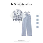 ngminimalism格子短款绑带，上衣女+时尚复古港味牛仔裤潮