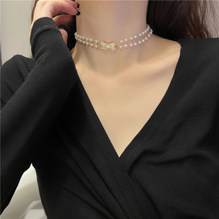s925银针韩国甜美双层珍珠，蝴蝶结项链女仙，气锁骨链短款颈链e1158