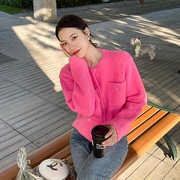 zhuyiyi洋气粉红色小香风，羊毛毛衣女装春秋外穿毛衣，短款开衫外套