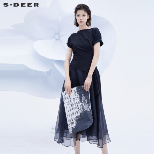 sdeer圣迪奥两件套连衣裙，夏季复古网纱小众，设计通勤长裙s20281242