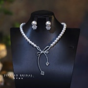 珍珠镶钻蝴蝶结项链耳环套装时尚轻奢设计感小众锁骨链女个性项饰