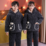 儿童睡衣冬季三层夹棉加厚法兰绒，保暖套装男女中大童珊瑚绒家居服