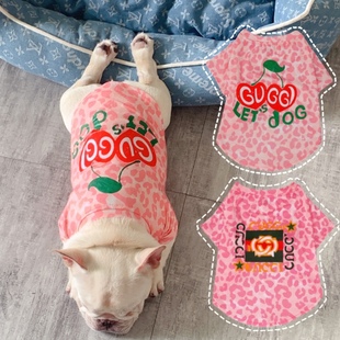 宠物猫咪狗狗衣服春夏，薄款小型犬雪纳瑞泰迪法斗粉色豹纹t恤短袖