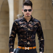 尊信国际金卉玫瑰撞色领长袖丝绒衬衫中国风艺术型男休闲植绒衬衣