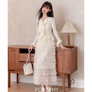 清货折半裙fforwhy针织背心，喇叭袖开衫两套雪纺蕾丝蛋糕裙