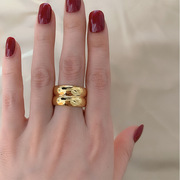欧美金属风ins夸张个性宽版镀18k金钛钢(金钛钢，)戒指指环食指中指女大气