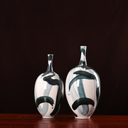 家居陶瓷摆件中式简约现代风格--青花线条橄榄小口两件套花瓶