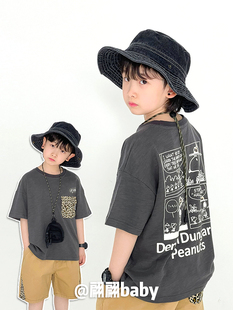 24夏季日系潮男儿童装宽松纯棉，豹纹帅气卡通街头圆领短袖t恤