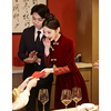 新中式敬酒服秋冬订婚服酒红色套装，旗袍新娘丝绒，结婚中国风礼服裙