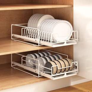 碗碟拉篮抽屉式免安装厨房，橱柜内收纳碗盘架，调味调料抽拉置物架