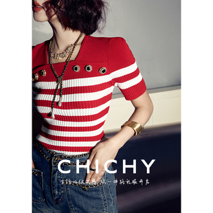 CHICHY法式复古名媛短袖条纹毛针织衫女2024夏季红色修身上衣