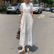 百洛安蕾丝镂空刺绣连衣裙女夏季法式泡泡袖，高腰白色a字长裙