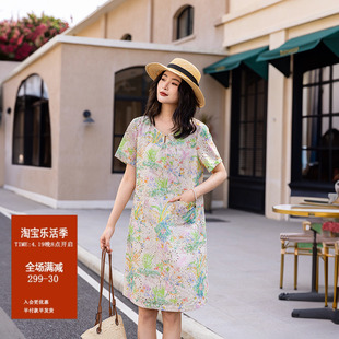 新中式连衣裙夏季女装2024大码棉透气古风旗袍，改良国风刺绣碎花裙