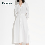 Fabrique V领垂坠感长袖收腰连衣裙女夏季高级感别致质感白色裙子