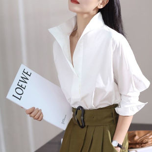 2023春秋韩版蝙蝠七分袖，衬衫女宽松立领，白衬衫时髦有范上衣女