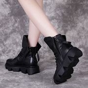 软皮黑色马丁靴2021秋季新流行(新流行)女靴，英伦风靴子女个性款厚底单靴