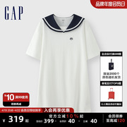 Gap女装2024夏季海军翻领logo条纹短袖连衣裙宽松长裙465049