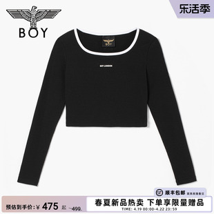 BOYLONDON春夏24女式高腰长袖撞色领口字母印花T恤W00002