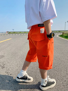男童短裤儿童纯棉七分裤，2023洋气微弹裤子夏装薄款中裤橘红色
