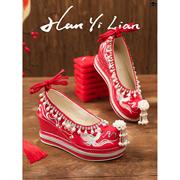中式秀禾婚鞋女厚底婚礼结婚增高汉服鞋子坡跟红色绣花鞋配马面裙