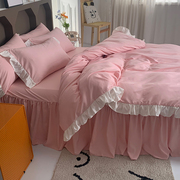 韩式少女心公主风床裙式四件套，纯紫色花边床单三件套床罩床套用品