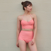 泳衣女分体式高腰粉色波点挂脖吊带比基尼性感三点式小胸聚拢