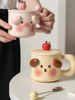 粉嫩可爱陶瓷马克杯带盖带勺家用情侣喝水对杯萌趣小动物浮雕创意