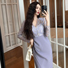 2023秋冬装女装法式v领蕾丝拼接高腰包(高腰包，)臀长款紫色连衣裙20853