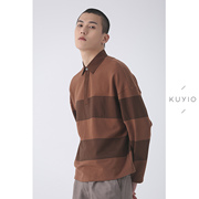 KUYIOU/设计师款 毛圈撞色横条纹拼接衬衫领针织套衫落肩袖卫衣男