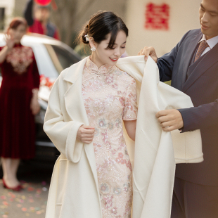 2024秋冬新娘婚礼毛呢大衣宴会，日常全羊毛外套高端白色中长款