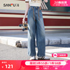 三福牛仔裤2024年春秋季设计感破骨高腰，阔腿裤直筒长裤子女装