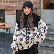 韩国特大码女装胖mm冬装时尚图案拼色立领保暖羊羔绒外套1024